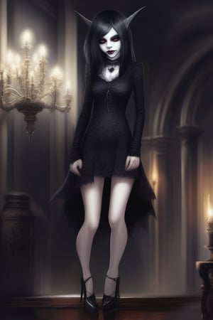 Very detailed eyes. Minidress. Vampire girl. Happy. High heels. Dark style. Pale skin