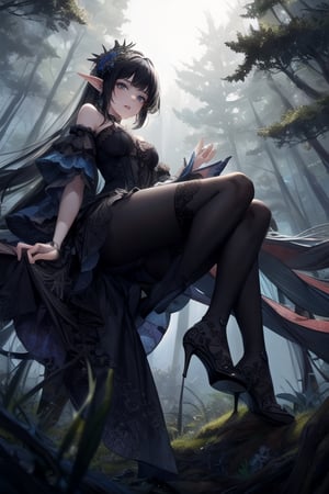 High heels. Detailed and intricate. Elf. black hair. Gothic black dress. forest. POV from below view. porcelain skin,DonMF41ryW1ng5