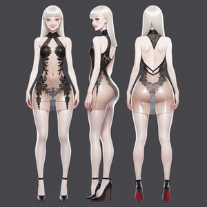 ((Front and back detail view)) Finnish girl. (Fashion Lookbook) Stunning. Smiling. Detailed High heels. Skinny body. Red and black Long hair with bangs. Wide hips. Happy. mini tight transparente see through dress. Standing. Pale skin.