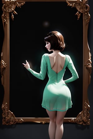 (Front and back orthographic view) A standing confidently against a dark background. (Elizabeth from Bioshock) She wears a mini see through dress that showcases her toned legs, paired with opaque black pantyhose that adds a touch of sophistication. Her bright blonde hair is styled neatly, framing her face as she gazes directly at the camera with a hint of mischief in her eyes. Slight false smile