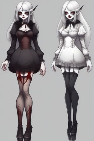 Very detailed eyes. Minidress. Vampire girl. Happy. High heels. Dark style. Pale skin. Front and back orthographic view. Same character and same outfit