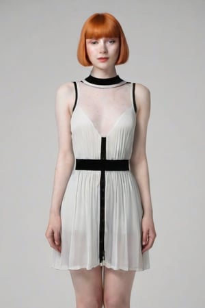 ((Front and back orthographic view)) (sheer see thought  gothic dress). Freckles. Bleach redhead blunt bob haircut with straight curtains. Skinny Body. Wide hips. Light smile. Pale creamy skin.