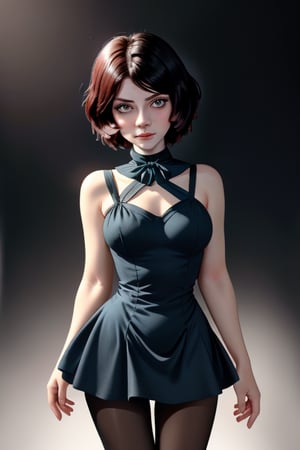 A close-up shot of a standing confidently against a dark background. (Elizabeth from Bioshock) She wears a mini see through dress that showcases her toned legs, paired with opaque black pantyhose that adds a touch of sophistication. Her bright blonde hair is styled neatly, framing her face as she gazes directly at the camera with a hint of mischief in her eyes. Slight false smile