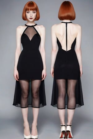 ((Front and back orthographic view)) silhouette visible (sheer gothic dress). Freckles. Redhead blunt bob haircut with straight curtains. Skinny Body. Wide hips. Light smile. Pale creamy skin. High heels. Bending knee