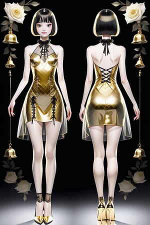 (Front and back photographic view) young woman, blunt bob hair with bangs, high heels, slight smile, mini laced bell transparent carbon and gold dress, underwear satin, pale skin