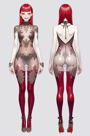 ((Front and back detail view)) Finnish girl. (Fashion Lookbook) Stunning. Smiling. Detailed High heels. Skinny body. Long hair with bangs. Wide hips. Happy. mini tight transparente see through dress. Standing. Pale skin. Purple Red highlights hair. Detailed eyes