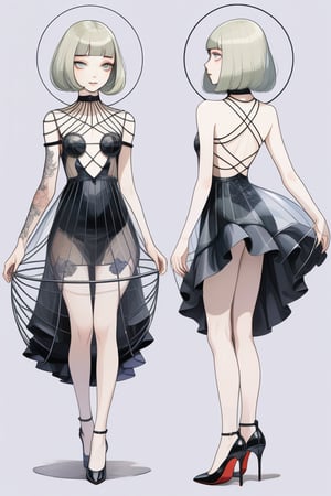 (Front and back view) young woman, blunt bob hair with bangs, high heels, slight smile, satin circled transparent cage dress, pale skin,Eyes,Beautiful eyes