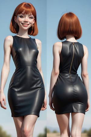 ((Front and back detail view)) (Fashion Lookbook) Stunning. Smiling. Detailed High heels. Skinny body. Long hair with bangs. Wide hips. Color eyelashes. Happy. Black oil mini tight dress. Standing. Pale skin. Freckled natural redhead,3d toon style