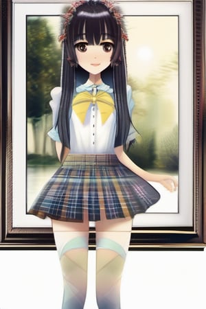 ((Front and back view)) A close-up shot captures the stunning detail of a girl's features: long, slender legs and thin waist, framed by a white plaid skirt. Her dark hair falls to her shoulders, with bangs framing her heart-shaped face. Colorful eyelashes add a pop of brightness to her pale skin. She stands confidently, smiling slightly as she showcases her high-heeled shoes.