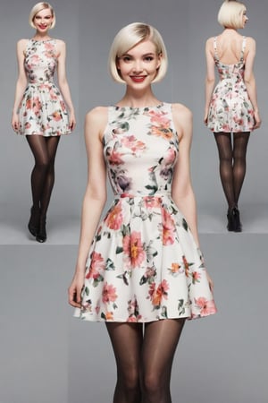 ((Front and back orthographic view)) flower cocktail  dress. Black Pantyhose. wide hips. Skinny body. Smiling girly. Bob blunt haircut. High heels. Pale skin, creamy skin