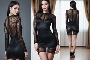 ((Front and back detail view)) (Fashion Lookbook) Stunning. Smiling. Detailed High heels. Skinny body. Long hair with curtains. Wide hips. Color eyelashes. Happy. Black seethrough lace rave tight dress. Standing. Pale skin. Black hair,