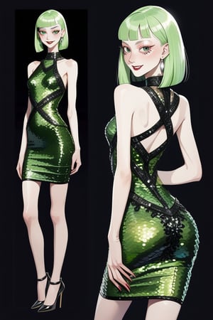 ((Front and back detail view)) Finnish girl. (Fashion Lookbook) Stunning. Smiling. Detailed High heels. Skinny body. Long hair with bangs. Wide hips. Color eyelashes. Happy. Carbon and diamond sequin layered mini tight dress. Standing. Pale skin. Light green hair