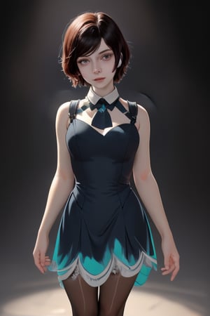 A close-up shot of a standing confidently against a dark background. (Elizabeth from Bioshock) She wears a mini see through dress that showcases her toned legs, paired with opaque black pantyhose that adds a touch of sophistication. Her bright blonde hair is styled neatly, framing her face as she gazes directly at the camera with a hint of mischief in her eyes. Slight false smile