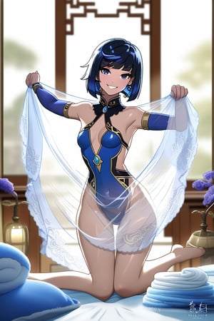 High quality drawing. ((Yelan character from Genshin ImpactClose view.)) Holding a translucent bed sheet, bathroom. Smile.Thighgap. Frontal view,see-through_silhouette,(genshin_impact)