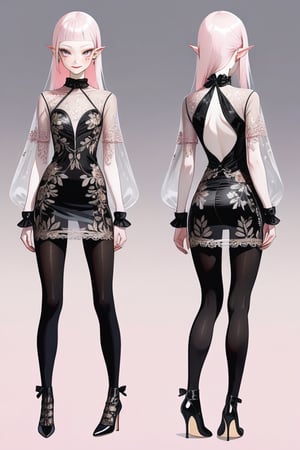 ((Front and back detail view)) Finnish girl. (Fashion Lookbook) Stunning. Smiling. Detailed High heels. Skinny body. Long hair with bangs. Wide hips. Eye shadows. Happy. Light Pink mini tight transparente see through dress. Standing. Pale skin. Black pantyhose. Cute face