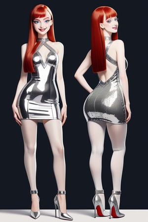 ((Front and back detail view)) Finnish girl. (Fashion Lookbook) Stunning. Smiling. Detailed High heels. Skinny body. Long hair with bangs. Wide hips. Color eyelashes. Happy. silver Carbon and diamond sequin mini tight dress. Standing. Pale skin. Redhead