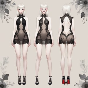 ((Front and back detail view)) Finnish girl. (Fashion Lookbook) Stunning. Smiling. Detailed High heels. Skinny body. Red and black Long hair with bangs. Wide hips. Happy. mini tight transparente see through dress. Standing. Pale skin.