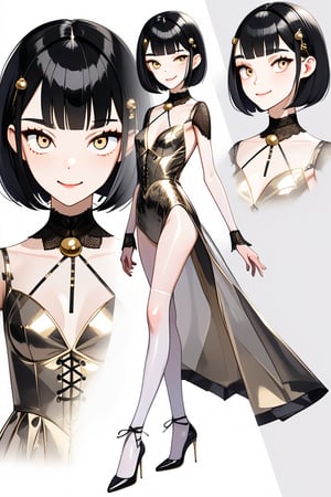 (Front and back photographic view) young woman, blunt bob hair with bangs, high heels, slight smile, mini laced bell transparent carbon and gold dress, underwear satin, pale skin