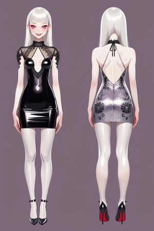 ((Front and back detail view)) Finnish girl. (Fashion Lookbook) Stunning. Smiling. Detailed High heels. Skinny body. Long hair with bangs. Wide hips. Happy. mini tight shinny dress. Standing. Pale skin. Purple Red highlights hair. Detailed eyes