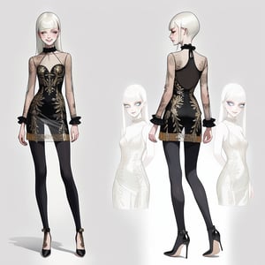 ((Front and back detail view)) Finnish girl. (Fashion Lookbook) Stunning. Smiling. Detailed High heels. Skinny body. Long hair with bangs. Wide hips. Eye shadows. Happy. White mini tight transparente see through dress. Standing. Pale skin. Black pantyhose