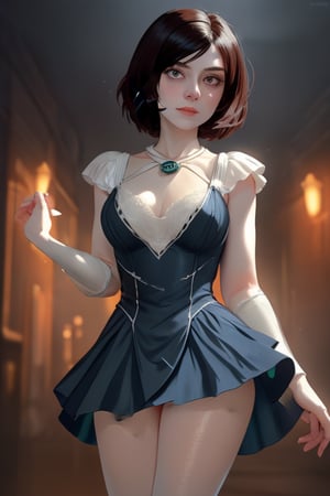 A close-up shot of a standing confidently against a dark background. (Elizabeth from Bioshock) She wears a mini see through dress that showcases her toned legs, paired with opaque black pantyhose that adds a touch of sophistication. Her bright blonde hair is styled neatly, framing her face as she gazes directly at the camera with a hint of mischief in her eyes. Slight false smile