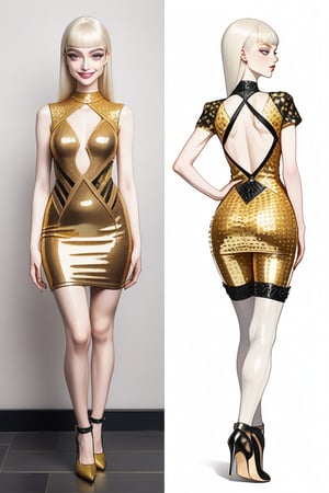 ((Front and back detail view)) Finnish girl. (Fashion Lookbook) Stunning. Smiling. Detailed High heels. Skinny body. Long hair with bangs. Wide hips. Color eyelashes. Happy. golden Carbon and diamond sequin mini tight dress. Standing. Pale skin.