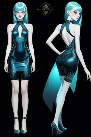 ((Front and back detail view)) Finnish girl. (Fashion Lookbook) Stunning. Smiling. Detailed High heels. Skinny body. Long hair with bangs. Wide hips. Color eyelashes. Happy. Carbon and diamond mini tight dress. Standing. Pale skin. Blue teal hair. Black background. Phosphorescent hair and clothes. Dark. No light.