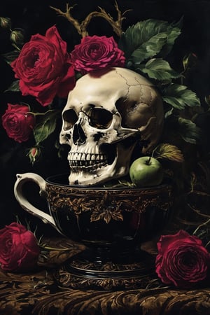 A haunting still life: a vintage-style ceramic cup rests on a dark, velvety black background, its rim slightly upturned as if in anticipation. In the center of the frame, a gleaming white skull sits atop a pedestal or altar, its jaw open wide in a macabre grin. The cup's ornate handle curls around the skull like a serpent, while the surrounding darkness emphasizes the stark, surreal contrast between life and death.