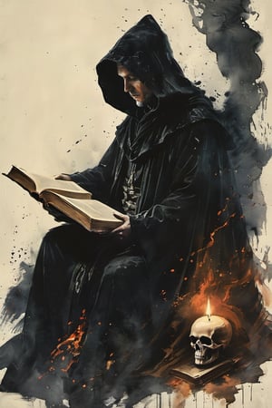 A solitary figure sits indoors, enveloped in the shadows of a black hooded cloak. The hood is pulled up, casting a mysterious gaze towards the open book held tightly in his hands. A lone candle flickers on the nearby stand, casting an eerie glow upon the pages and the boy's skull-like features. The fire crackles softly in the background, as the figure remains motionless, lost in the words of the ancient tome.