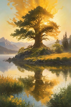 Golden light of dawn illuminates a serene spring morning scene. A majestic big tree stands tall at the water's edge of a vast big lake, its reflection perfectly mirrored in the calm waters. In the distance, a big rock mountain rises, its rugged peaks meeting the sky. Beyond the lake, big farmland stretches out, with rolling hills and lush greenery. Amidst this idyllic landscape, a magnificent golden dragon sprawls across the grassy clearing, its scales glistening in the warm sunlight.