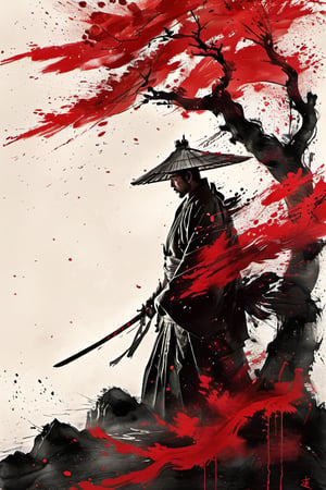 A lone figure stands tall on a serene white backdrop, cloaked in traditional Japanese attire. From the back, his katana glints in the soft light as he holds it at the ready. A vibrant red scarf flows dramatically down his back, contrasting with the solemnity of the scene. The surrounding tree serves as a subtle framing device, drawing attention to the mysterious warrior's imposing stance and majestic hakama.