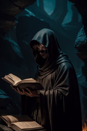 A dark room lit only by the flickering flames of a fire in a cold ice cave full of chills. A figure with a hood over his face sits surrounded by shadows. Dressed in long black robes, they hold open books illuminated by the warm light of the fire. The air was filled with mystery as I read the ancient book. The monk was perched next to them like a fearsome bookmark. 
grayscale