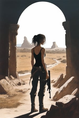 
Solo, 1 girl, standing, outdoors, from behind, scenery, machine gun, ruins, skull cave, whirlwind, whirlwind, dust, flying vines, dried up waterway, broken down car,