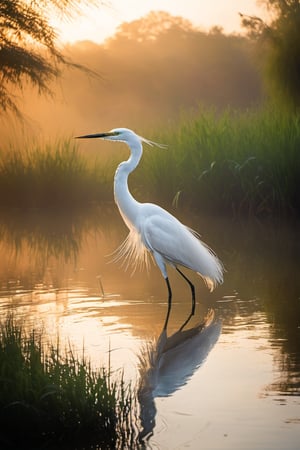 A solitary white egret stands tall amidst a serene lake's tranquil atmosphere, its delicate feathers glistening in warm morning light as it surveys its surroundings with regal poise. The camera captures the majestic bird from a low angle, emphasizing its statuesque presence against the misty landscape.