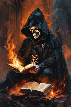 solo, 1boy, holding, sitting, male focus, indoors, hood, book, fire, cloak, hood up, holding book, skull, open book, reading, candle, hooded cloak, black cloak, candlestand