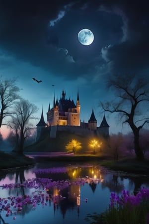 Evening, Romanian castle, blooming pond, bright moon, bats, dreary trees and flowers, dead reeds,Dark Majic,DonMD4rk3lv3sXL