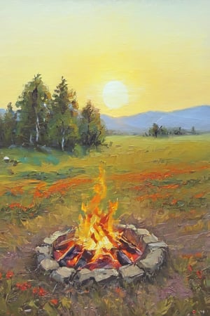 
Bright sun, bonfire, , rocky mountain, field, meadow