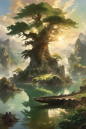 A majestic spring morning scene: a massive ancient tree stands tall amidst a serene lake, reflecting the warm sunlight. In the distance, a rugged rock mountain rises, with lush green farmland stretching out as far as the eye can see. Amidst this idyllic backdrop, a golden dragon majestically soars through the sky, its scales glinting in the morning sun.