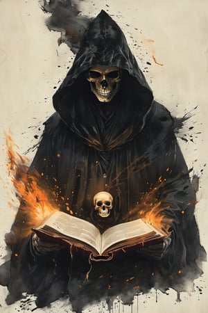 A solitary figure sits indoors, enveloped in the shadows of a black hooded cloak. The hood is pulled up, casting a mysterious gaze towards the open book held tightly in his hands. A lone candle flickers on the nearby stand, casting an eerie glow upon the pages and the boy's skull-like features. The fire crackles softly in the background, as the figure remains motionless, lost in the words of the ancient tome.