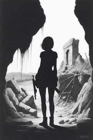 
Solo, 1 girl, standing, outdoors, from behind, scenery, machine gun, ruins, skull cave, whirlwind, whirlwind, dust, flying vines, dried up waterway, broken down car, black and white background