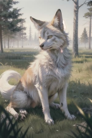 (8K, original, highest quality, famous photo: 1.2), (current, real photo: 1.3), (clear focus on chest), ((3D lighting, aura)), perfect lighting, details, outdoor, no people, animals , traditional media, grass, nature, forest, realistic, animal-centric, nine-tailed fox, post-impressionism, perfect light