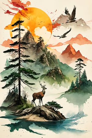 Sun, mountains, clouds, pine trees, herb of elixir, water, rocks, cranes, deer, turtles