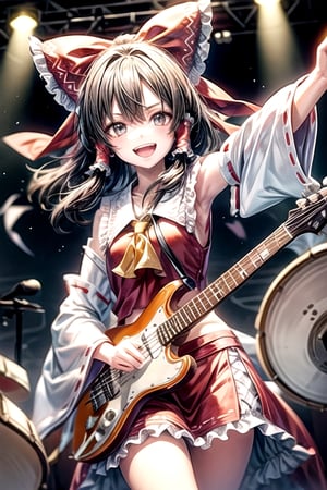 A girl stood alone on the park stage. She is playing drums. Every time he plays the drums, a bright smile spreads across his face, and the charm of the drums radiates from his fingertips.,hakurei reimu