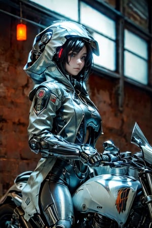 Black hair, weapons, female focus, girl, hood, torn cloak, , racing motorcycle, skeleton, riding, machine gun, boots, dark fantasy, perfect light,yk_cyborgs,cyborggirl,c1bo,cyborg_girl,cyborg 