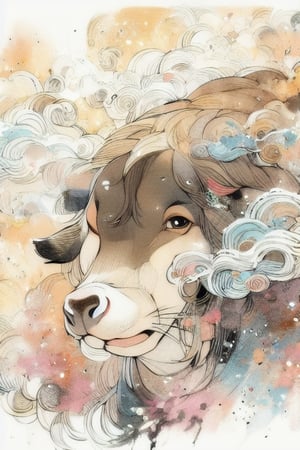 cow, color, ink, Chinese ink painting, smoke,pencil drawing