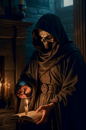 A darkened chamber, lit only by the flickering flames of a crackling fire. A figure sits, hood drawn over their face, surrounded by the shadows. Clad in a long, black robe, they hold an open book, illuminated by the fire's warm glow. The air is thick with mystery as they read from the ancient tome, a human skull nestled beside them like a macabre bookmark. 
Gray-scale
