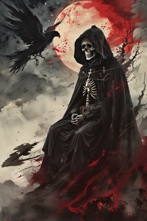 A solitary figure, a young boy, sits atop a mystical realm, surrounded by wispy clouds. He dons a worn leather hood and a dark cloak, adorned with a crimson-stained cross. In the background, a bony skeleton holds a macabre skull, bathed in an eerie, moonlit glow.