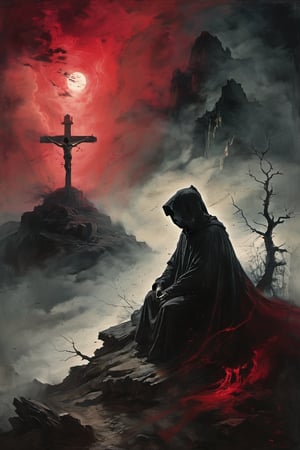 A lone figure cloaked in darkness, a young boy sits amidst a somber atmosphere. His head is shrouded by a hood, as if hiding from the eerie scene unfolding around him. A crimson-stained cloud hovers above, casting an ominous glow on the crucifixion-style cross behind him. The boy's gaze is fixed on a skull held in his hand, its bony structure illuminated by the faint light. In the distance, a skeletal figure stands watch, their presence a haunting reminder of mortality.