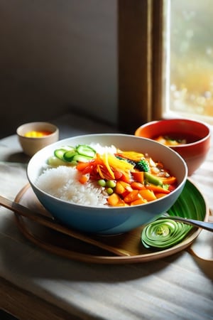 food, cup, no humans, plate, bowl, realistic, spoon, rice, food focus, vegetable, still life,booth