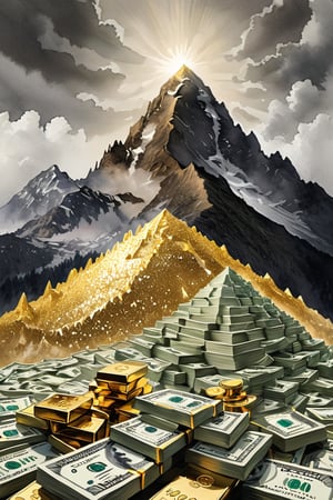 A mountain built of money, gold, silver, and jewels